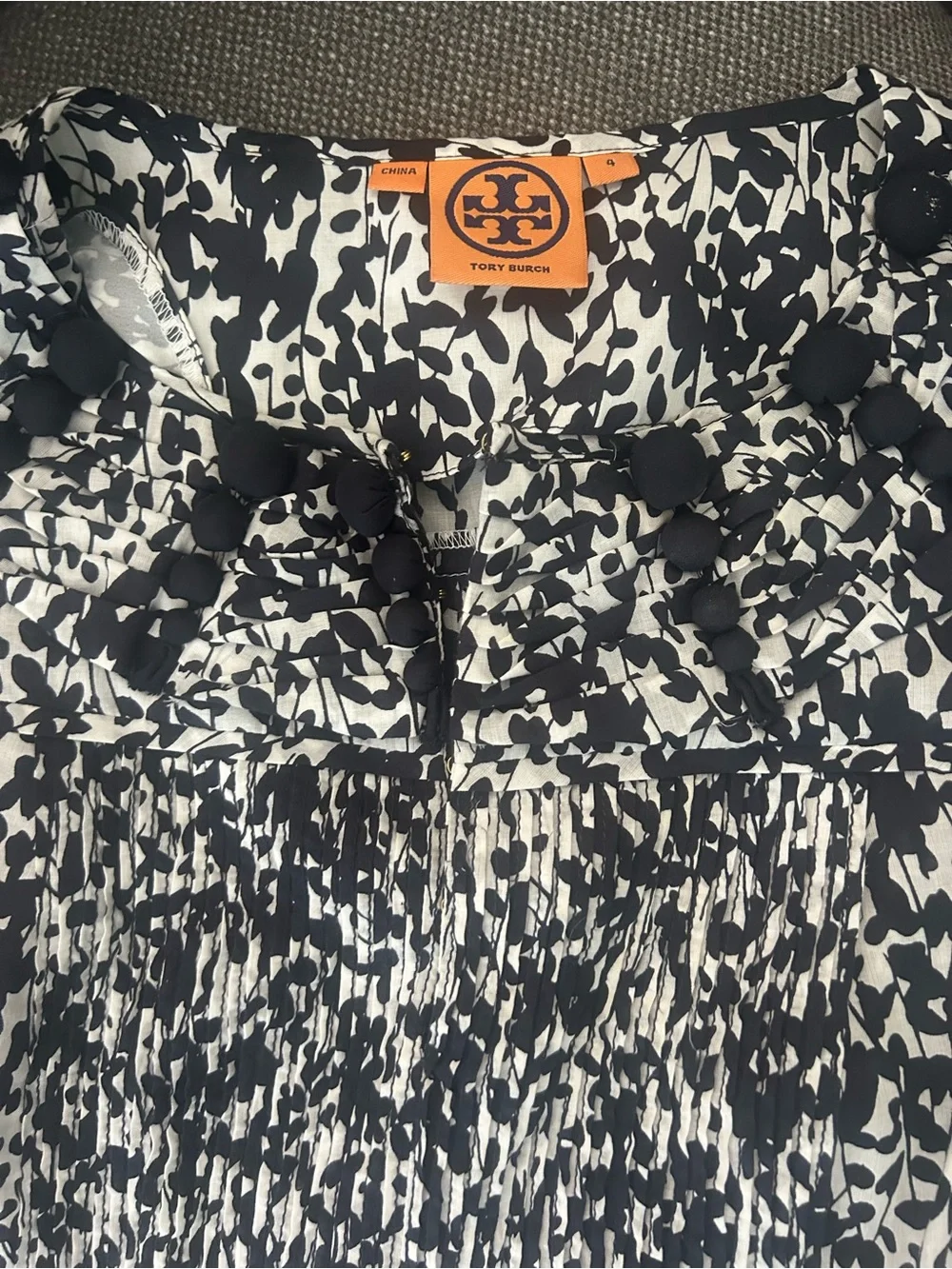 Tory Burch Black and White Printed Smocked Sleeveless blouse